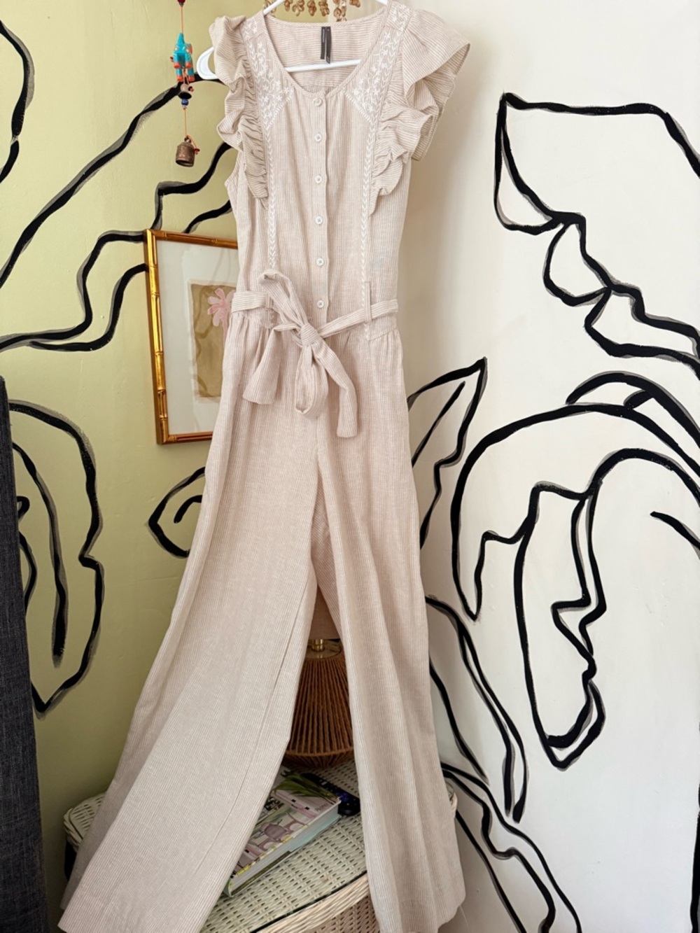 Anthropologie Cream Ruffle-Sleeve Button Front Jumpsuit